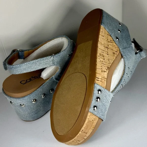 Corkys Denim and Silver Studded Wedges - Picture 6 of 10